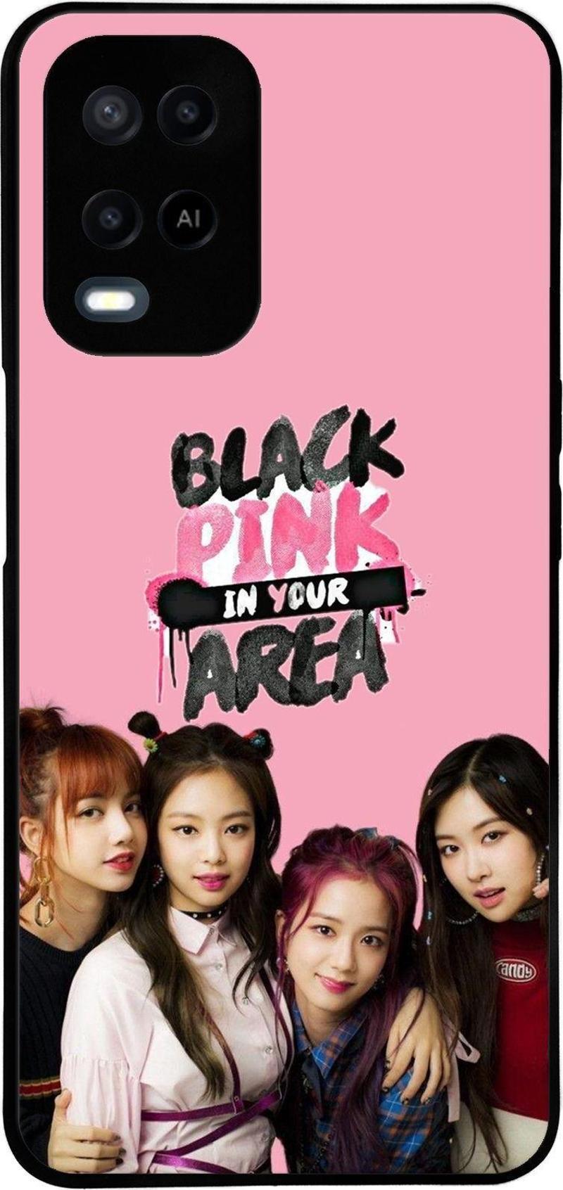 Oppo A54 ile Uyumlu Silikon Arkası Cam Kapak BlackPink Tasarımlı Cam Kılıf