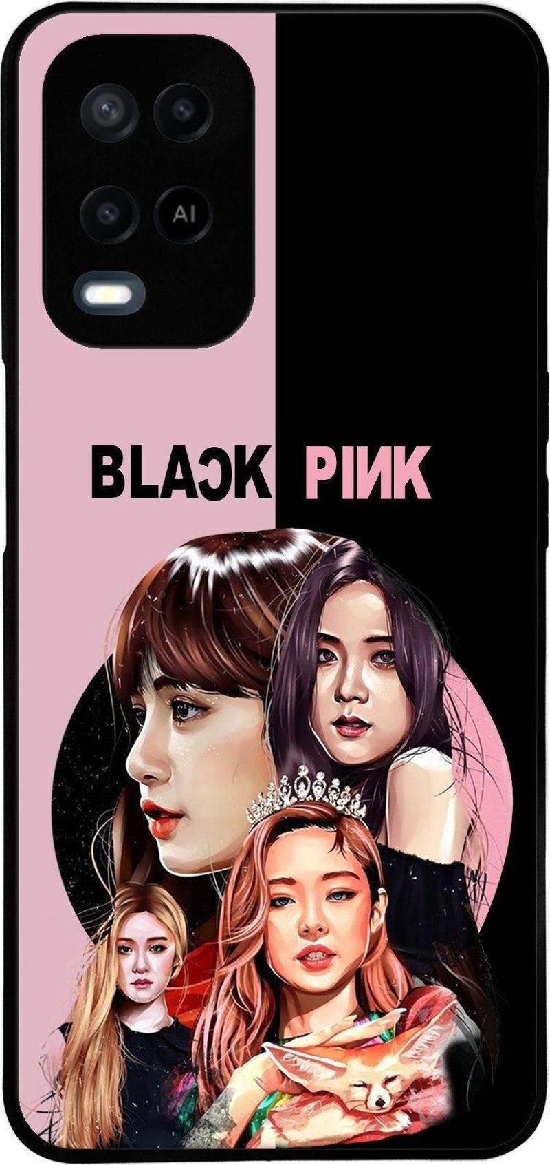 Oppo A54 ile Uyumlu Silikon Arkası Cam Kapak BlackPink Tasarımlı Cam Kılıf