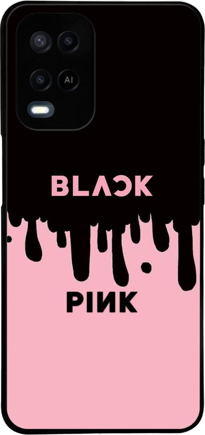 Oppo A54 ile Uyumlu Silikon Arkası Cam Kapak BlackPink Tasarımlı Cam Kılıf