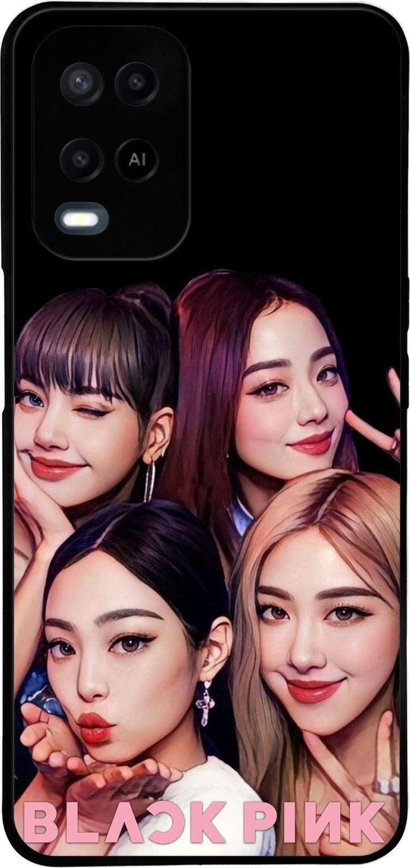 Oppo A54 ile Uyumlu Silikon Arkası Cam Kapak BlackPink Tasarımlı Cam Kılıf