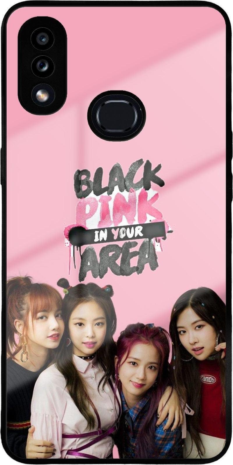 Samsung Galaxy A10s ile Uyumlu Silikon Arkası Cam Kapak BlackPink Tasarımlı Cam Kılıf