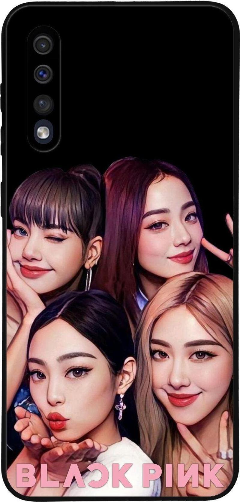 Samsung Galaxy A30s ile Uyumlu Silikon Arkası Cam Kapak BlackPink Tasarımlı Cam Kılıf