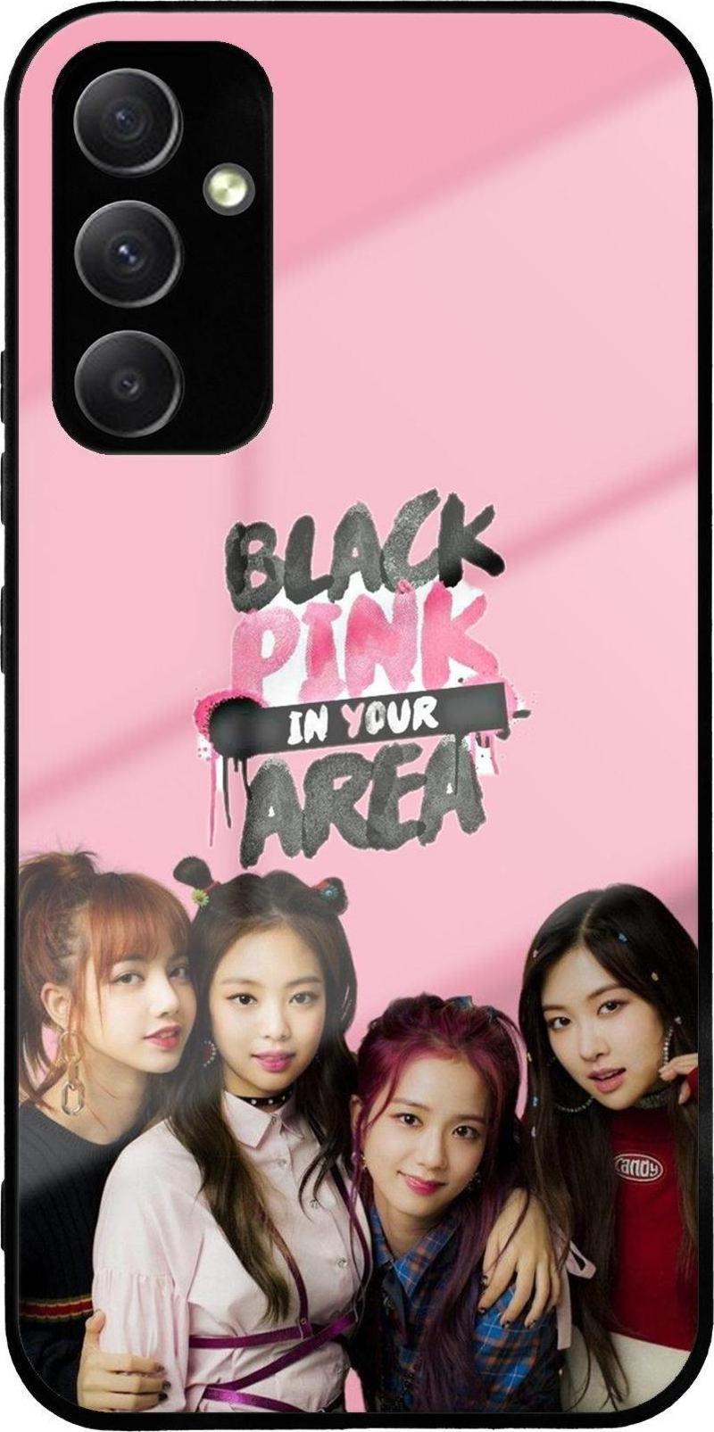 Samsung Galaxy A34 ile Uyumlu Silikon Arkası Cam Kapak BlackPink Tasarımlı Cam Kılıf