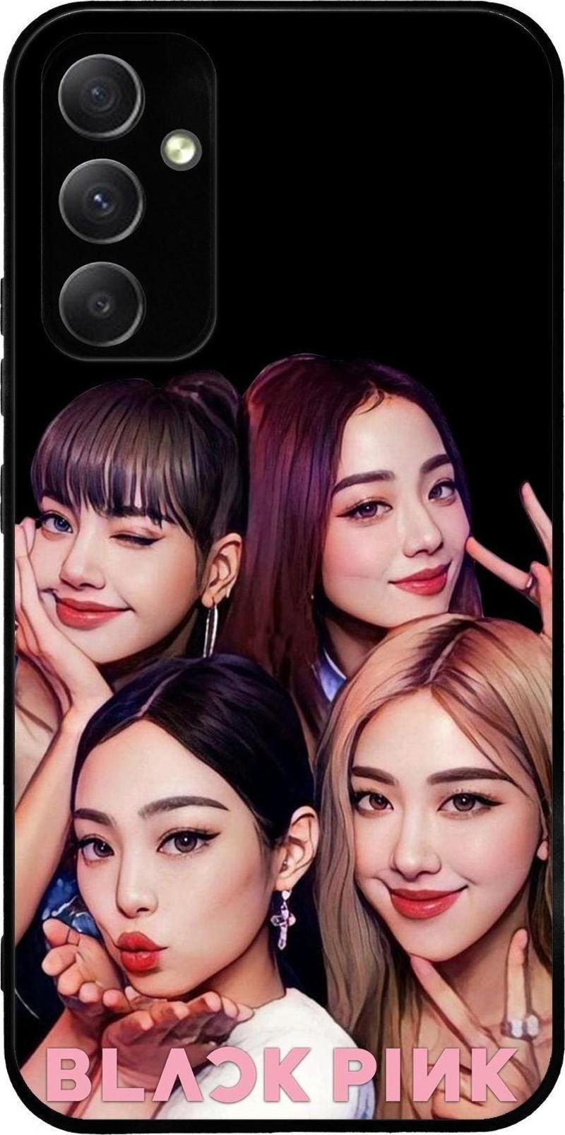 Samsung Galaxy A34 ile Uyumlu Silikon Arkası Cam Kapak BlackPink Tasarımlı Cam Kılıf