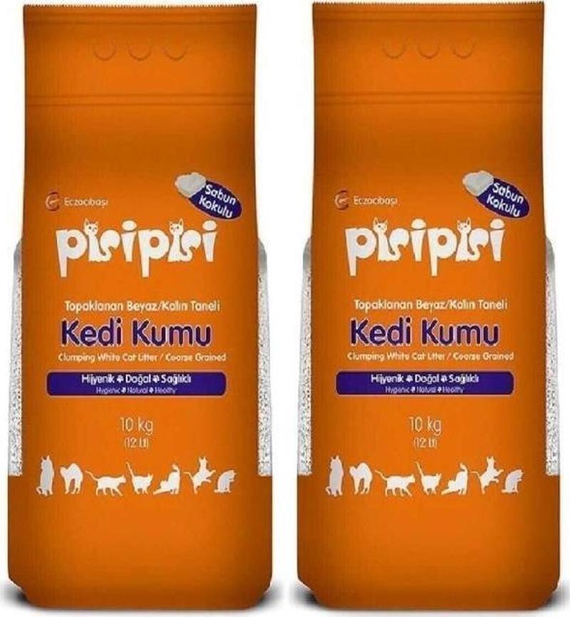 Pisi Pisi Sabunlu Topaklanan Bentonit Kalın Taneli Kedi Kumu 10 Kg 2 Adet