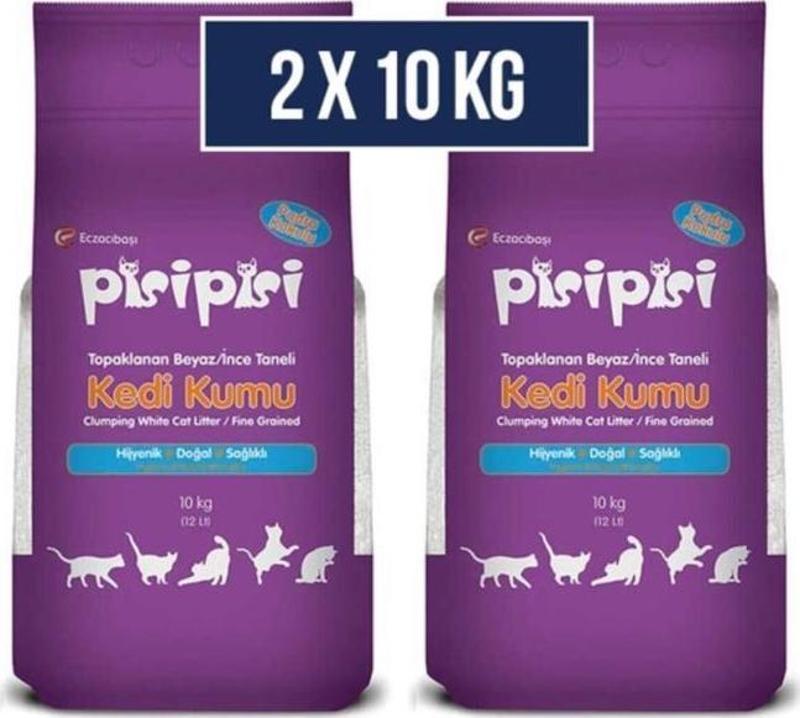 Pisi Pisi İnce Taneli Pudra Kokulu Topaklaşan Kedi Kumu 10 Kg 2 Adet