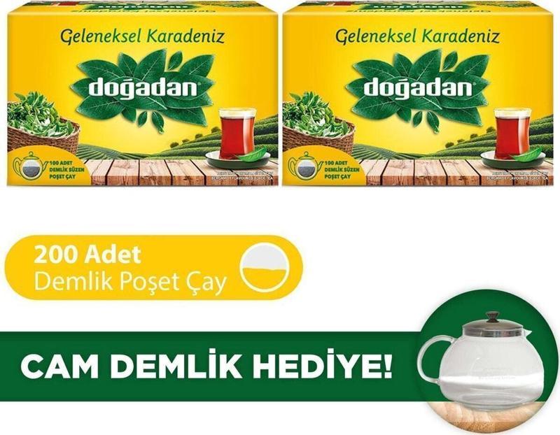 Geleneksel Karadeniz Demlik Poşet Çay 100'Lü 2 Adet + Cam Demlik Hediye