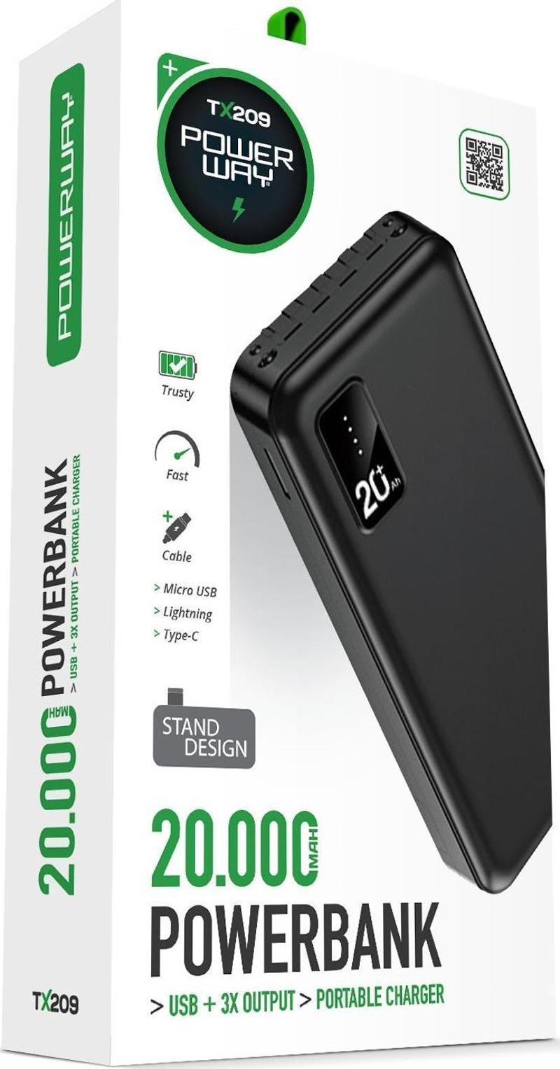 20.000 Mah Kablolu Dijital Göstergeli 20.000 Mah Garantili Dahili Stand Tx209 Siyah Powerbank