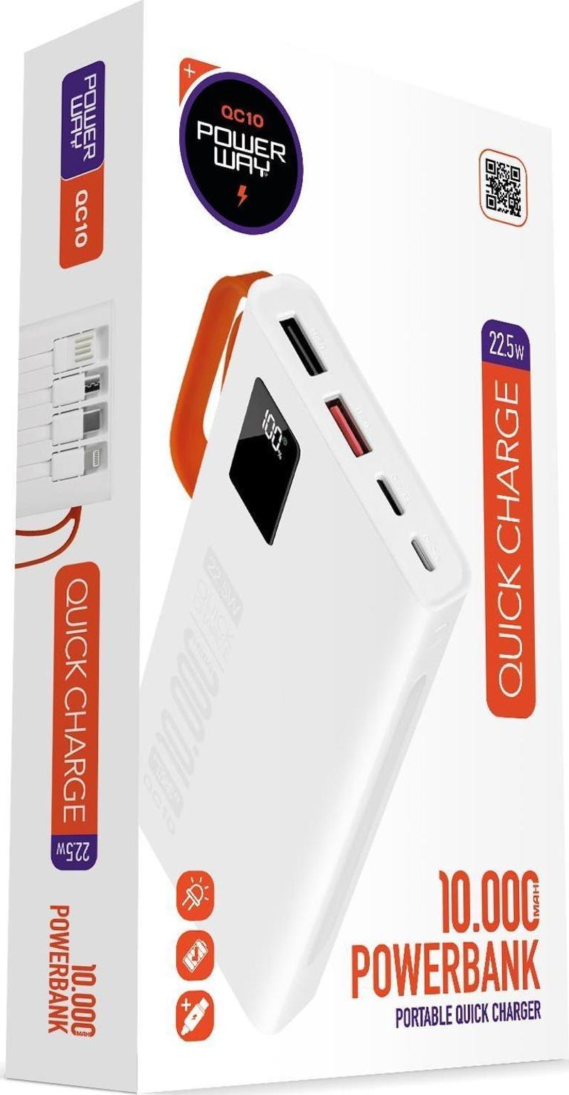 10.000 Mah Pd 22.5W Dahili Kablolu Hızlı Şarj Gerçek 10.000 Mah Qc10 Beyaz Powerbank