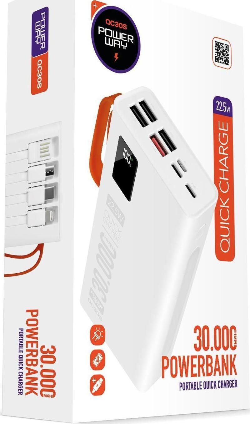 30.000 Mah Pd 22.5W Dahili Kablolu Hızlı Şarj Gerçek 30.000 Mah QC30S Beyaz Powerbank