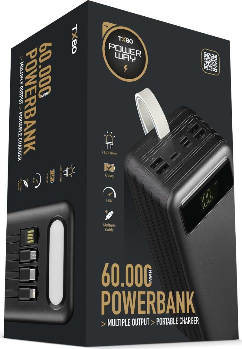 TX60 Siyah Çoklu Çıkış Dijital Göstergeli Ekstra Kablolu 60.000 mAh (Gerçek 60.000 mAh Garantili) Powerbank