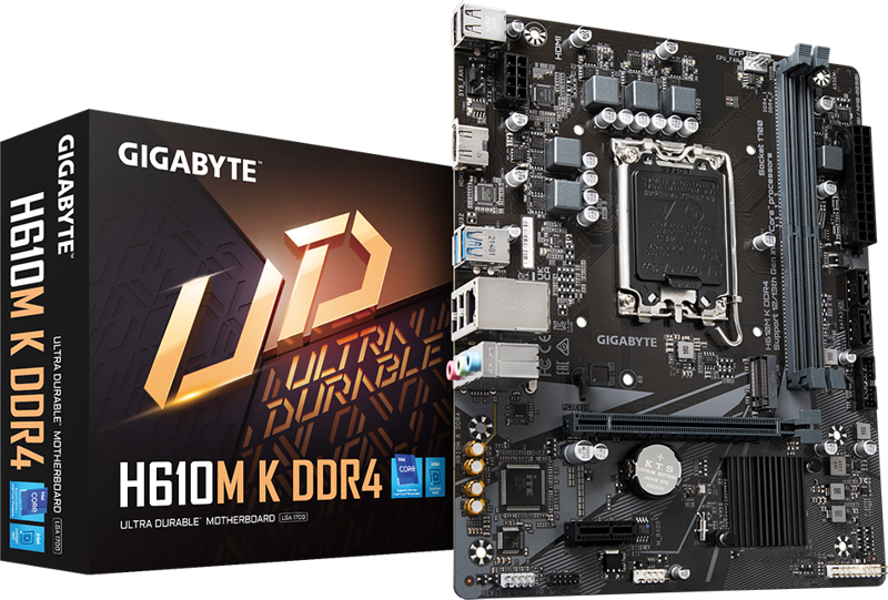 GIGABYTE H610M K rev.1.0, 2xDDR4, M.2, HDMI, 12-13.Nesil, LGA1700 Soket, Anakart