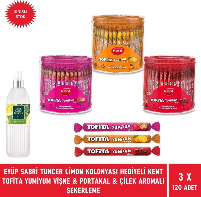 Limon Kolonyası Hediyeli -  Tofita Yumiyum 3'lü Çilek & Portakal & Vişne Aromalı Şekerleme-360 Adet