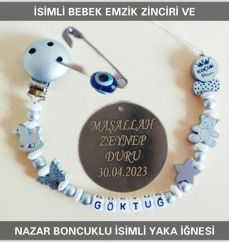 İsimli Bebek Emzik Zinciri Ve Nazar Boncuklu İsimli Yaka Iğnesi Bezyı346