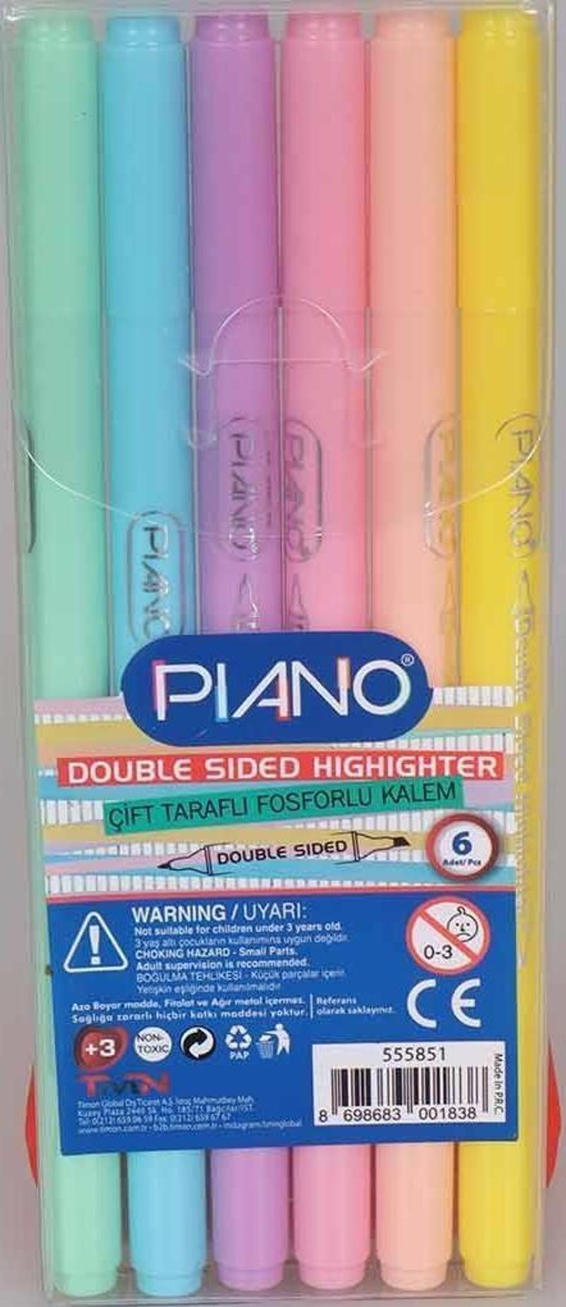 PIANO ÇİFT TARAFLI FOSFORLU KALEM 6'LI SET PASTEL TONLARI