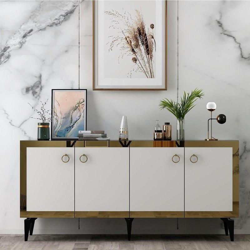 150 cm Poli Konsol Royalmermer - Beyaz - Altın