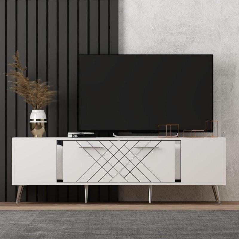 Lazer Desenli 150 cm Detas Tv Ünitesi Beyaz - Gümüş