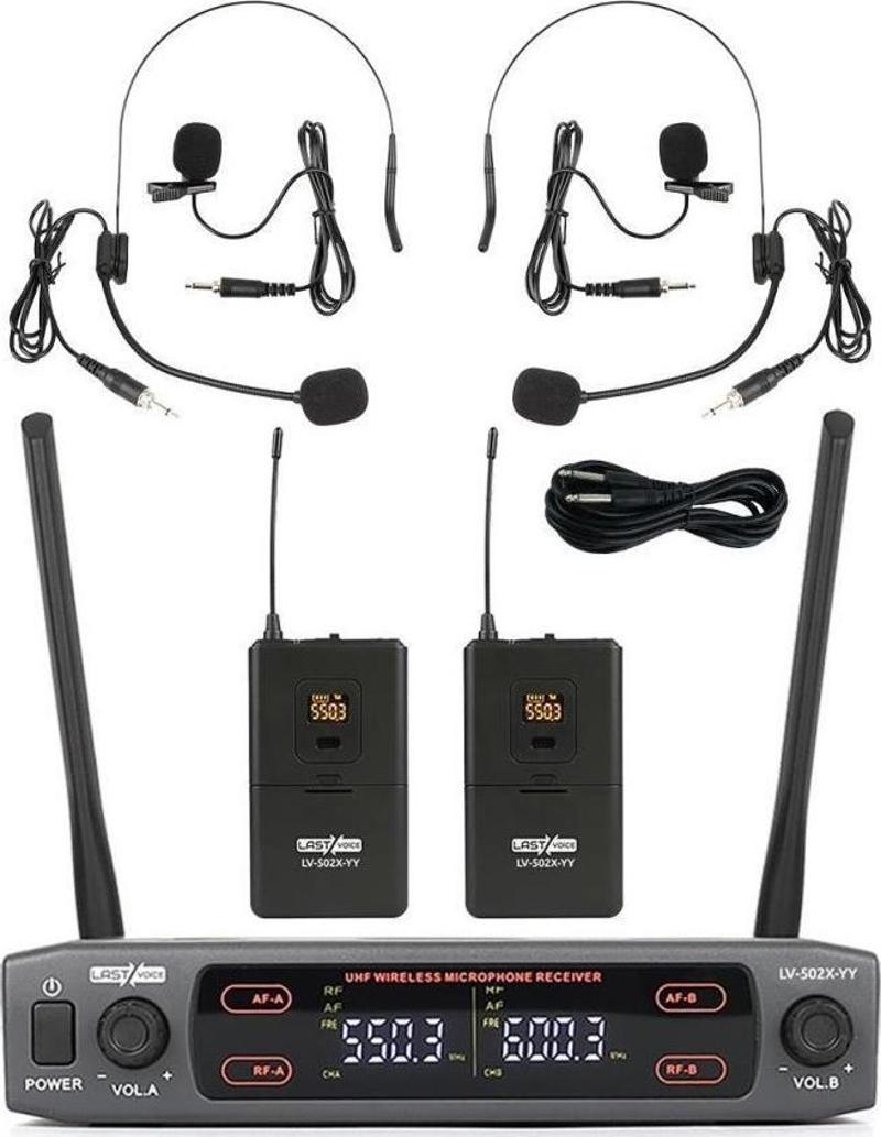 Lv-502Y UHF Dijital 2x30 Kanal Çiftli Yaka Telsiz Kablosuz Mikrofon (Headset Hediyeli)