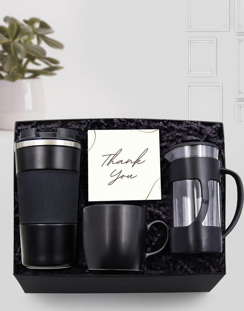 Siyah 500Ml Çelik Termos & Siyah French Press & Siyah Kupa Hediye Seti