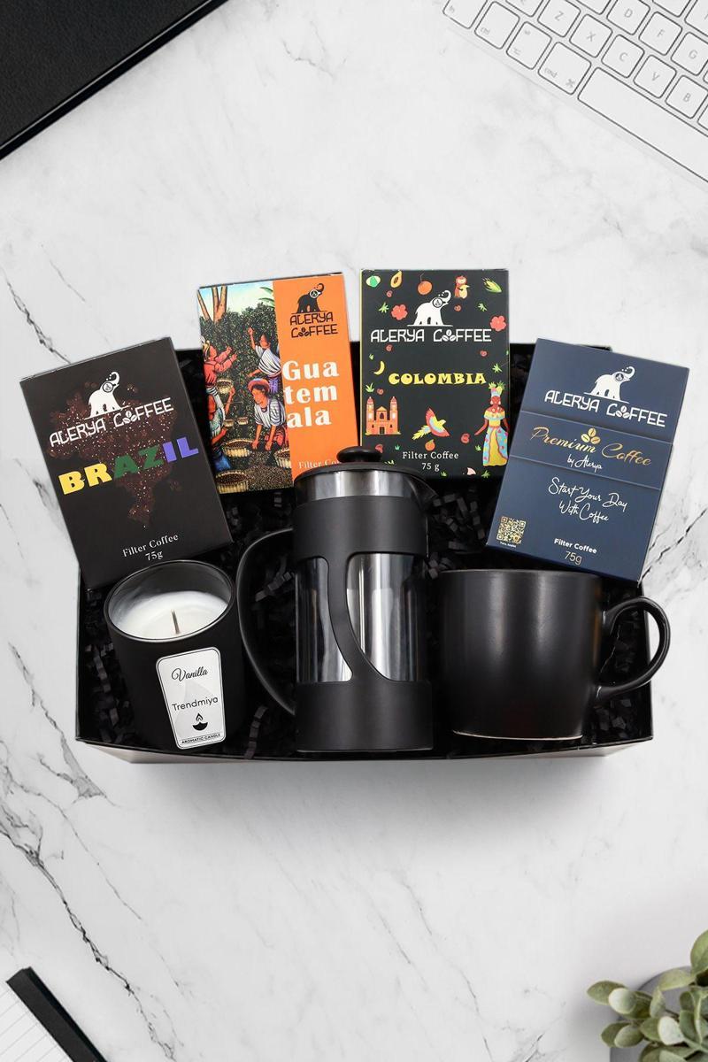 Vanilya Mum & Alerya Dünya Kahveleri & Kupa & French Press Hediye Seti
