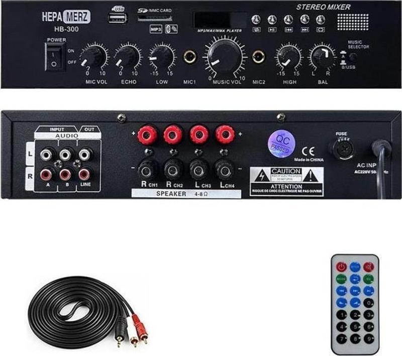 HB-300 Stereo Mixer Amfi 4-8 Ohm 2 Çıkışlı 2x150W Amfi Bluetooth Usb