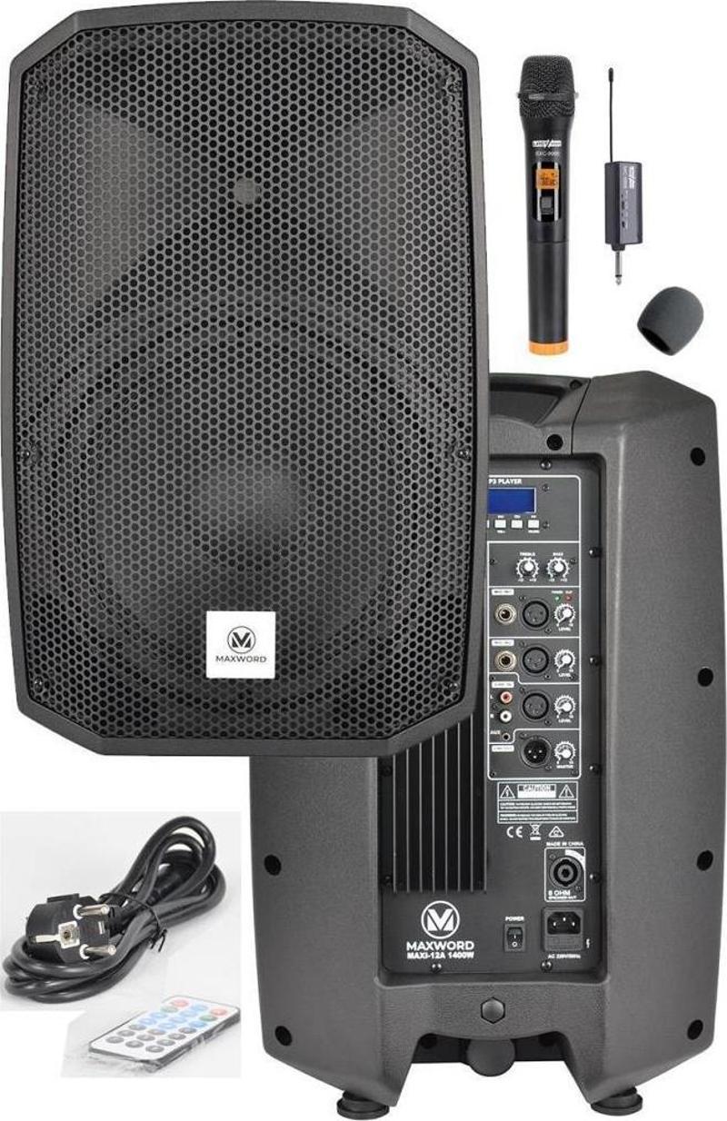 Maxi-12A-MİC Aktif Kabin Hoparlör 12 İnç 1200 Watt Bluetooth Usb Kablosuz Mikrofon