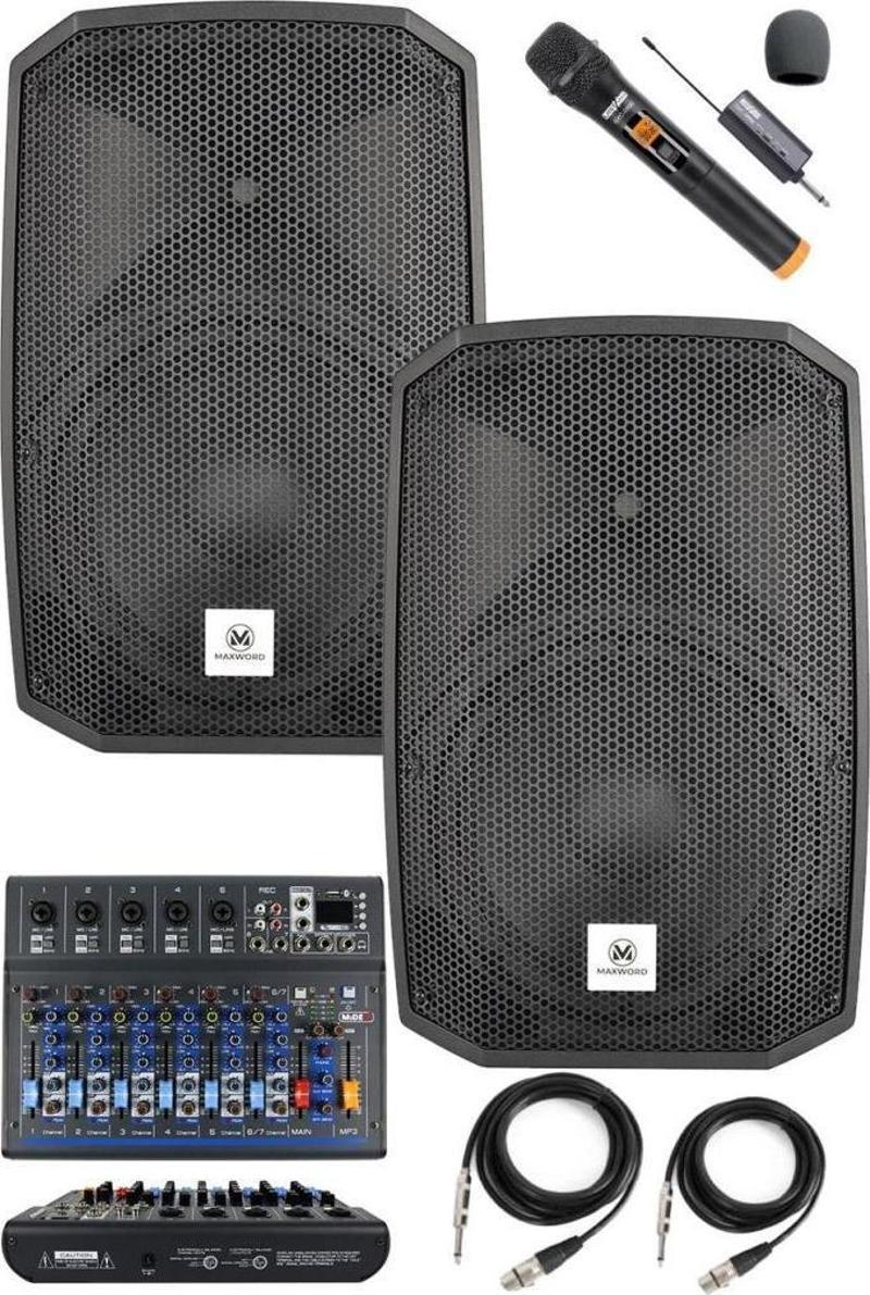 Maxi-12A-MİXER Set 2 Adet 12 İNÇ Aktif Hoparlör Mikser ve Mikrofon Ses Sistemi (1200W + 1200W)