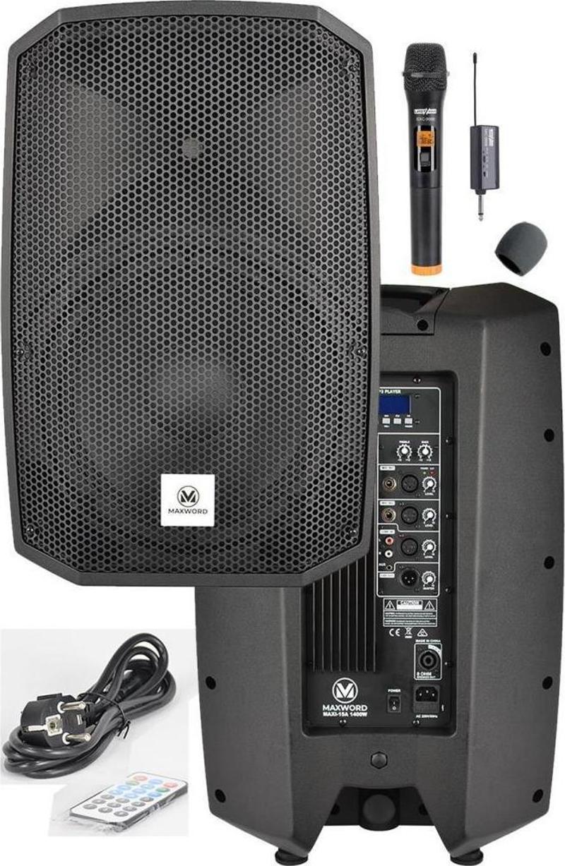 Maxi-15A-MİC Aktif Kabin Hoparlör 15 İnç 1400 Watt Bluetooth Usb Kablosuz Mikrofon