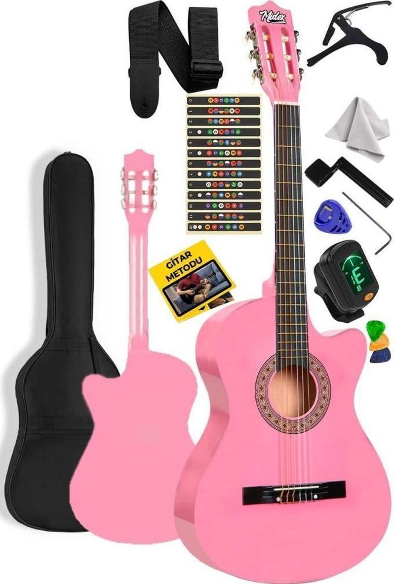 CG-395PK Pembe Renk Kesik Klasik Gitar 4/4 Yetişkin Boy Sap Ayarlı Full Set