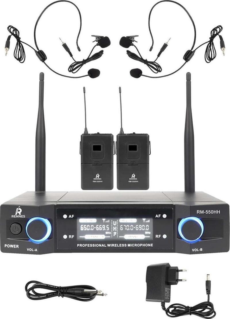 RM-550HH UHF Çiftli Yaka ve headset Telsiz Kablosuz Mikrofon Seti