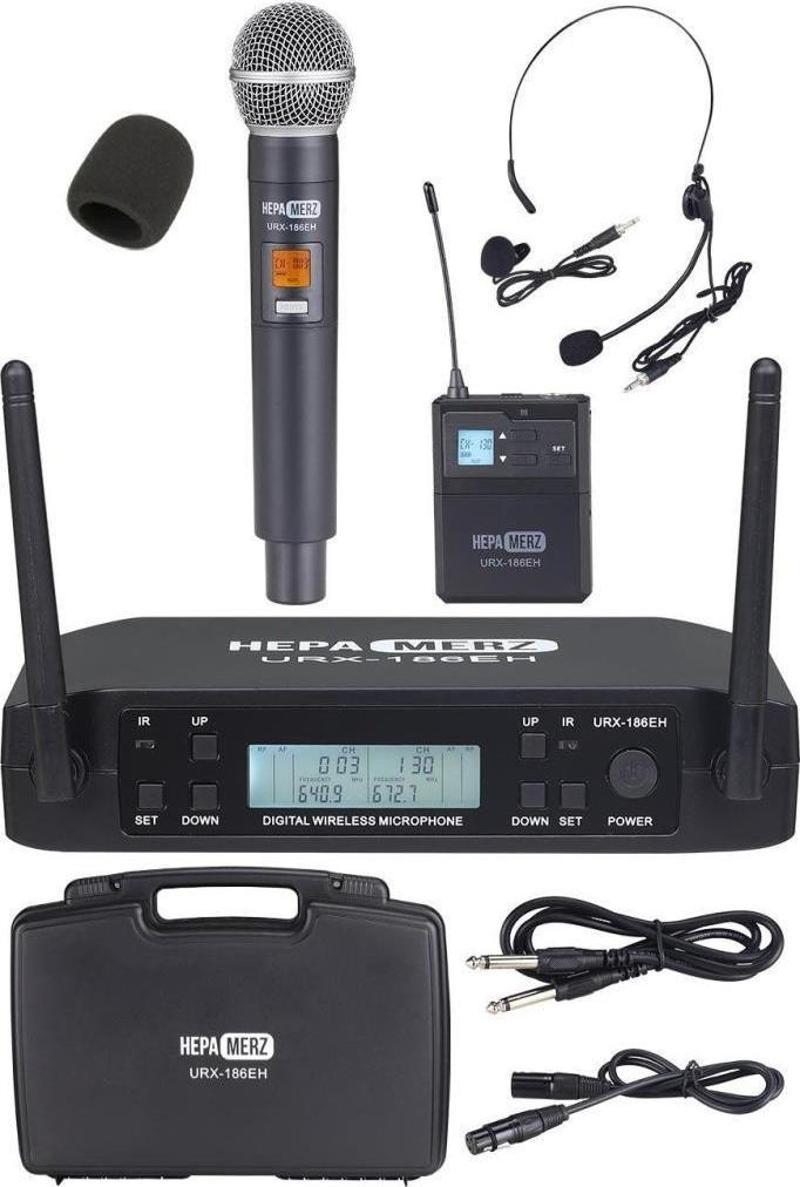 URX-186EH UHF 2x100 Kanal Çiftli Kablosuz EL Yaka Headset Mikrofonu Çift Anten LCD Ekran