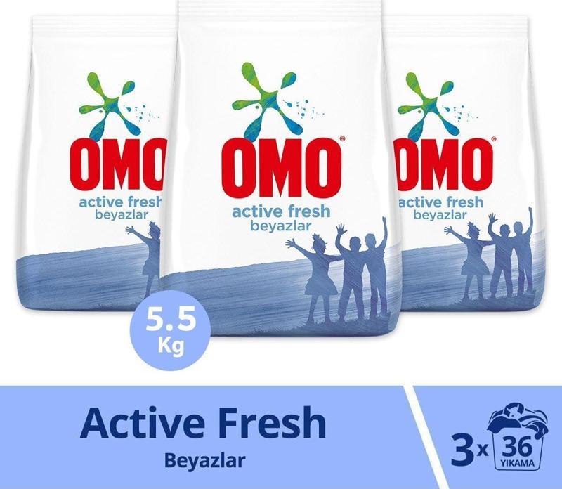 Active Fresh Toz Çamaşır Deterjanı Beyazlar Için En Zorlu Lekeleri Çıkarır 5.5 Kg 36yıkama 3adet