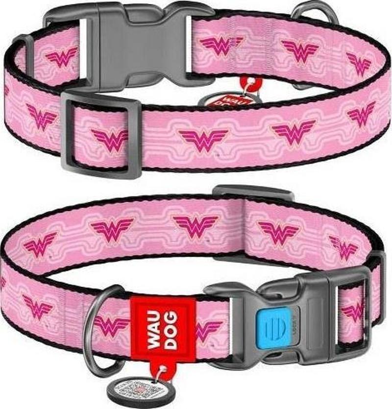 Collar QR Pasaportlu Köpek Boyun Tasması 31-49 CM, 25 MM, Wonder Woman Desenli