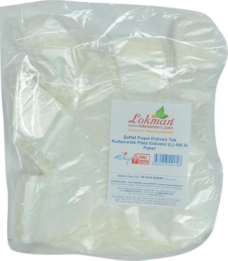 LokmanAVM Şeffaf Poşet Eldiven Tek Kullanımlık Plast Eldiveni (L) 100 lü Paket