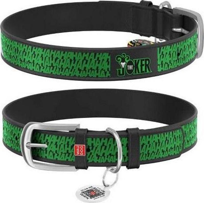 Collar QR Pasaportlu Deri Köpek Boyun Tasması, Siyah, Joker Desenli, W 12 mm, L 18-24 cm