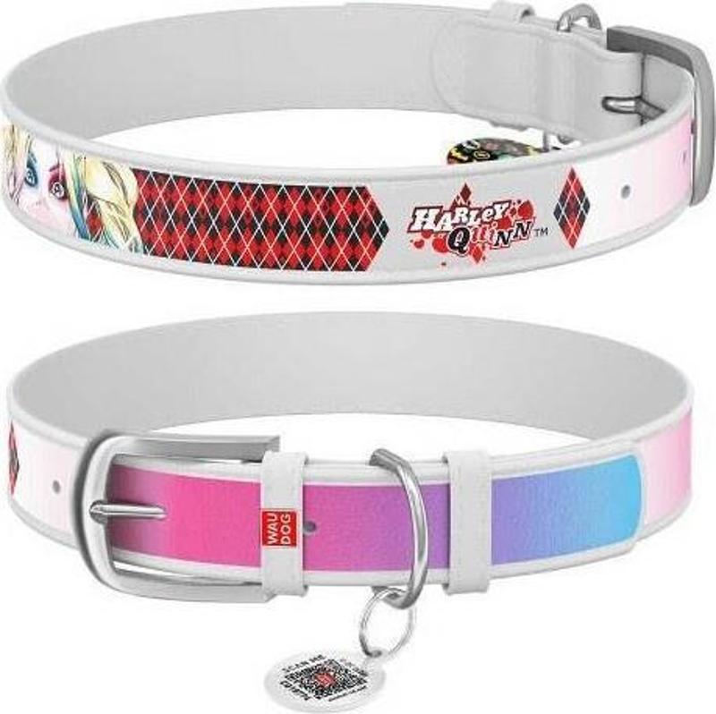 Collar QR Pasaportlu Deri Köpek Boyun Tasması, Beyaz, Harley Quinn Desenli, W 12 mm, L 18-24 cm