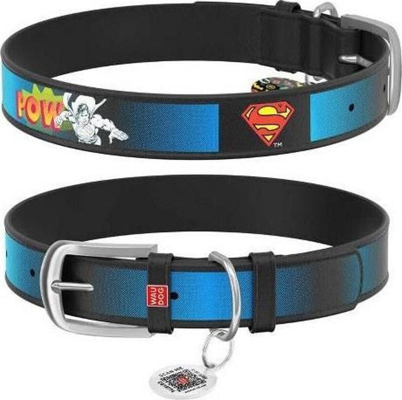 Collar QR Pasaportlu Deri Köpek Boyun Tasması, Siyah, Superman2 Desenli, W 12 mm, L 18-24 cm