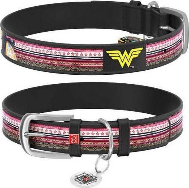 Collar QR Pasaportlu Deri Köpek Boyun Tasması, Siyah, Wonder Woman Desenli, W 12 mm, L 18-24 cm