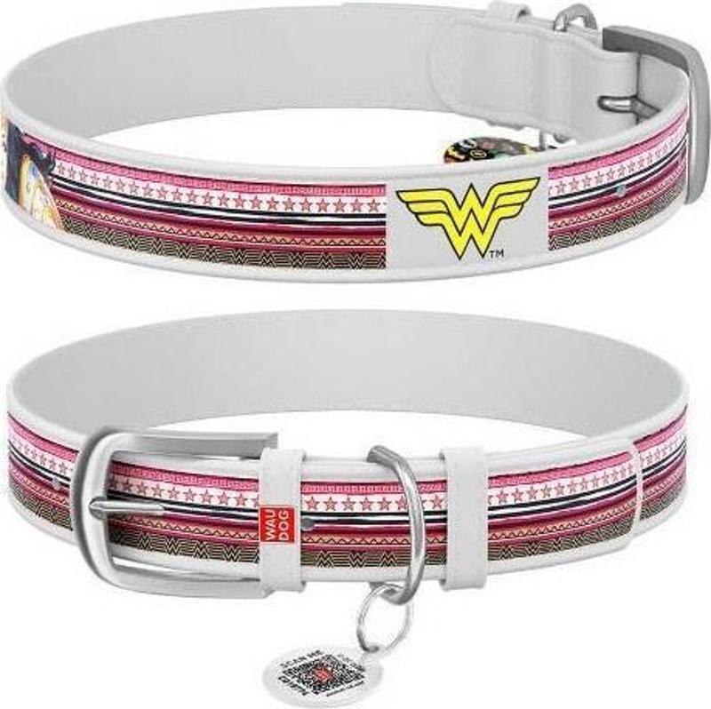 Collar QR Pasaportlu Deri Köpek Boyun Tasması, Beyaz, Wonder Woman Desenli, W 12 mm, L 18-24 cm