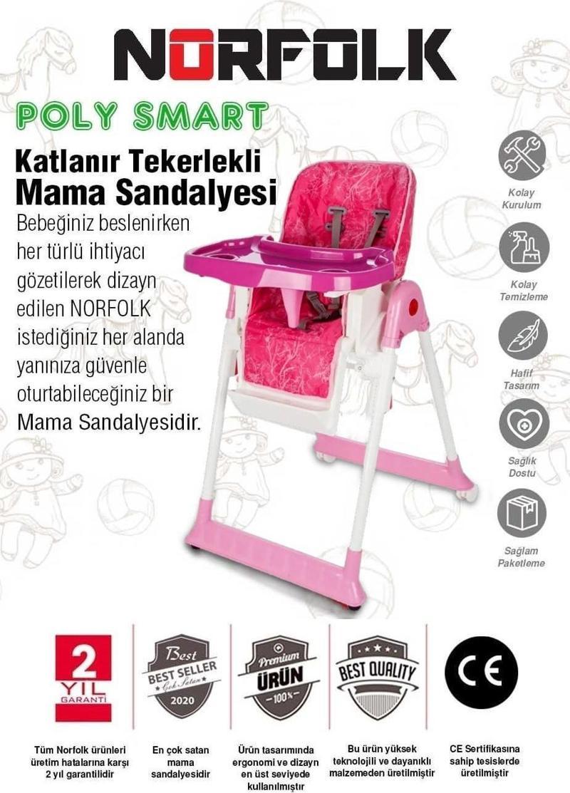 Poly Smart Mama Sandalyesi, Portatif, Katlanır, Yükseklik Ayarlı, Tekerlekli, İçi Pedli - Pembe