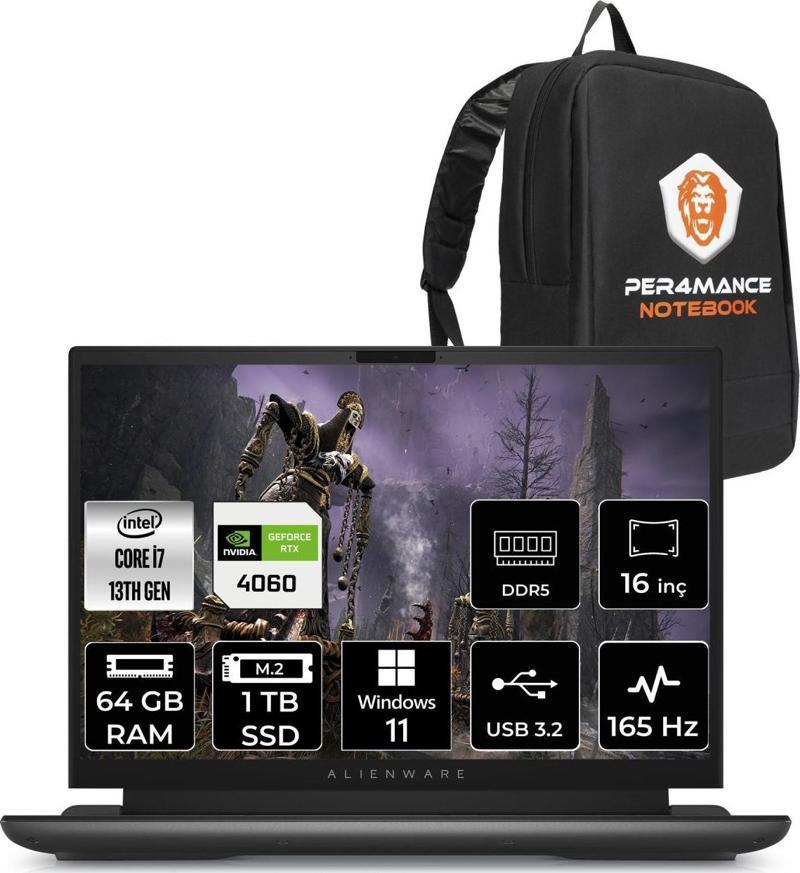 Alienware M16 i7-13700HX 64GB RAM 1TB SSD RTX4060/8GB 165HZ 16 QHD+ W11HOME & PER4 Çanta