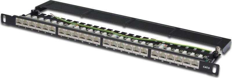 19 Inch 24 port Cat.6 Patch Panel, Zırhlı (Shielded), siyah renk, 0,5U boyut