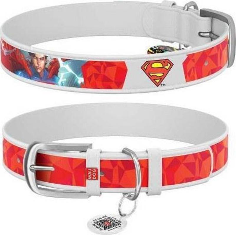 Collar QR Pasaportlu Deri Köpek Boyun Tasması, Beyaz , Superman1 Desenli,  W 20 mm, L 29-38 cm