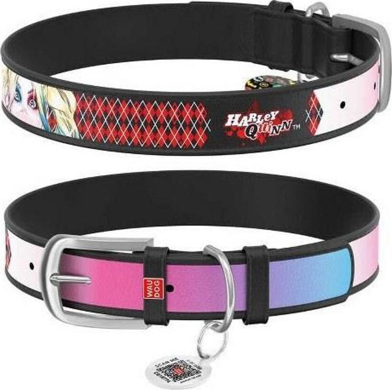 Collar QR Pasaportlu Deri Köpek Boyun Tasması, Siyah , Harley Quinn Desenli,  W 20 mm, L 29-38 cm