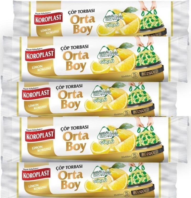 Ekstra Güçlü Limon Büzgülü Orta Boy 15li Çöp Torbası X 5 Paket