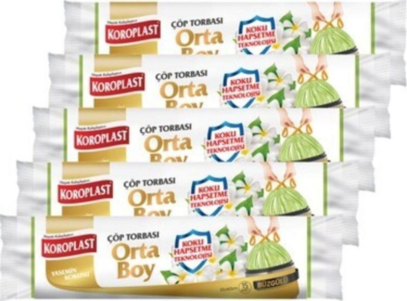 Koku Hapsetme Yasemin Büzgülü Orta Boy 15li Çöp Torbası X 5 Paket (55*60 Cm)