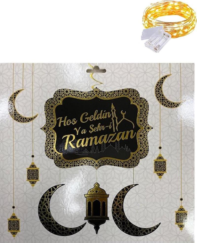 Gold-Siyah Hoşgeldin Ya Şehri Ramazan Tavan Süs + Led - Hoşgeldin Ramazan Banner Ramazan Sarkıt