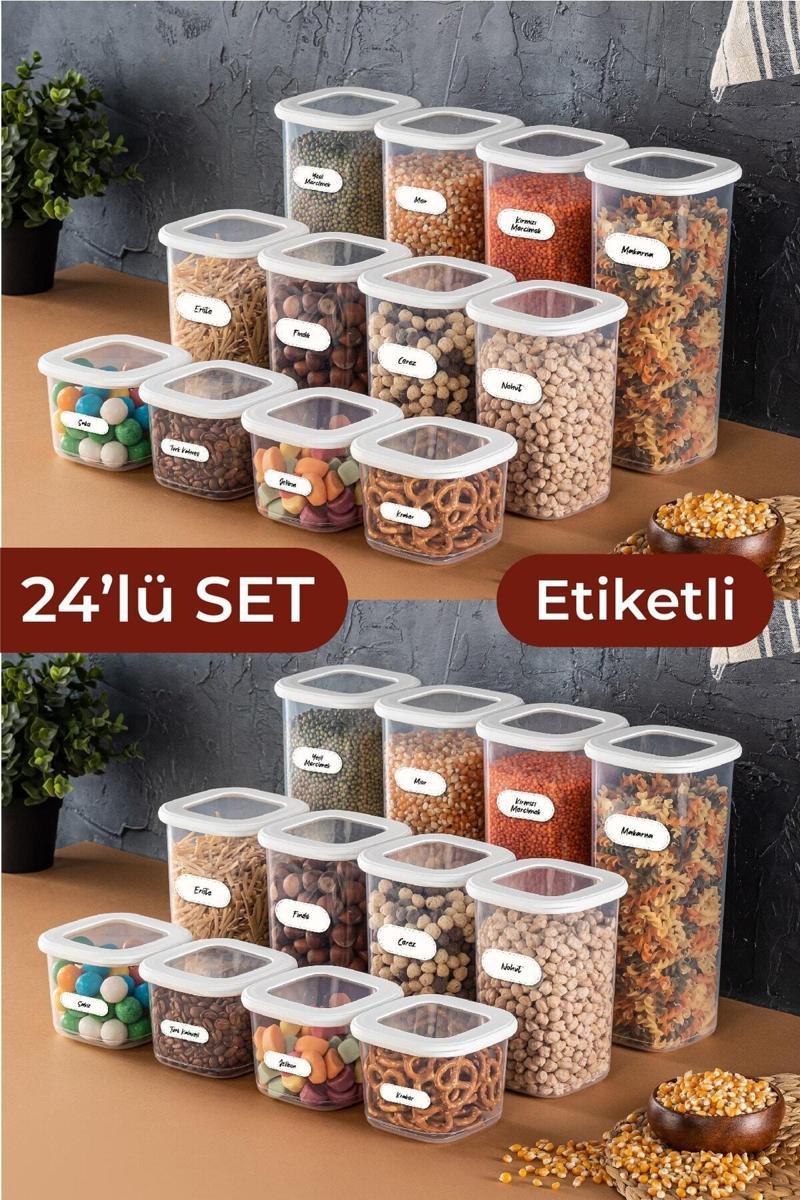 Foly Etiketli Kare Erzak Saklama Kabı 24'lü Set 8x(0,55 LİTRE, 1,2 LİTRE, 1,75 LİTRE) Beyaz