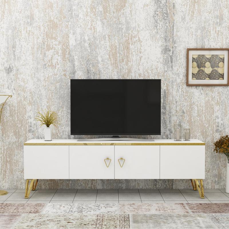 Caprice Tv Ünitesi Beyaz Altın Bant Gold Kenarlı 4 Kapaklı 150 cm Tv Sehpası