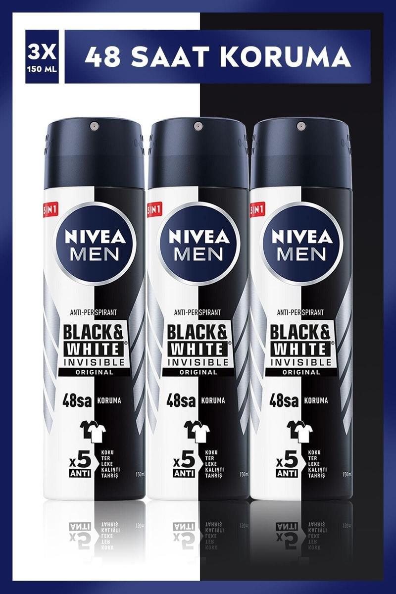 Erkek Sprey Deodorant Black & White Invisible Original 150Mlx3Adet,48 Saat Anti-Perspirant Koruma